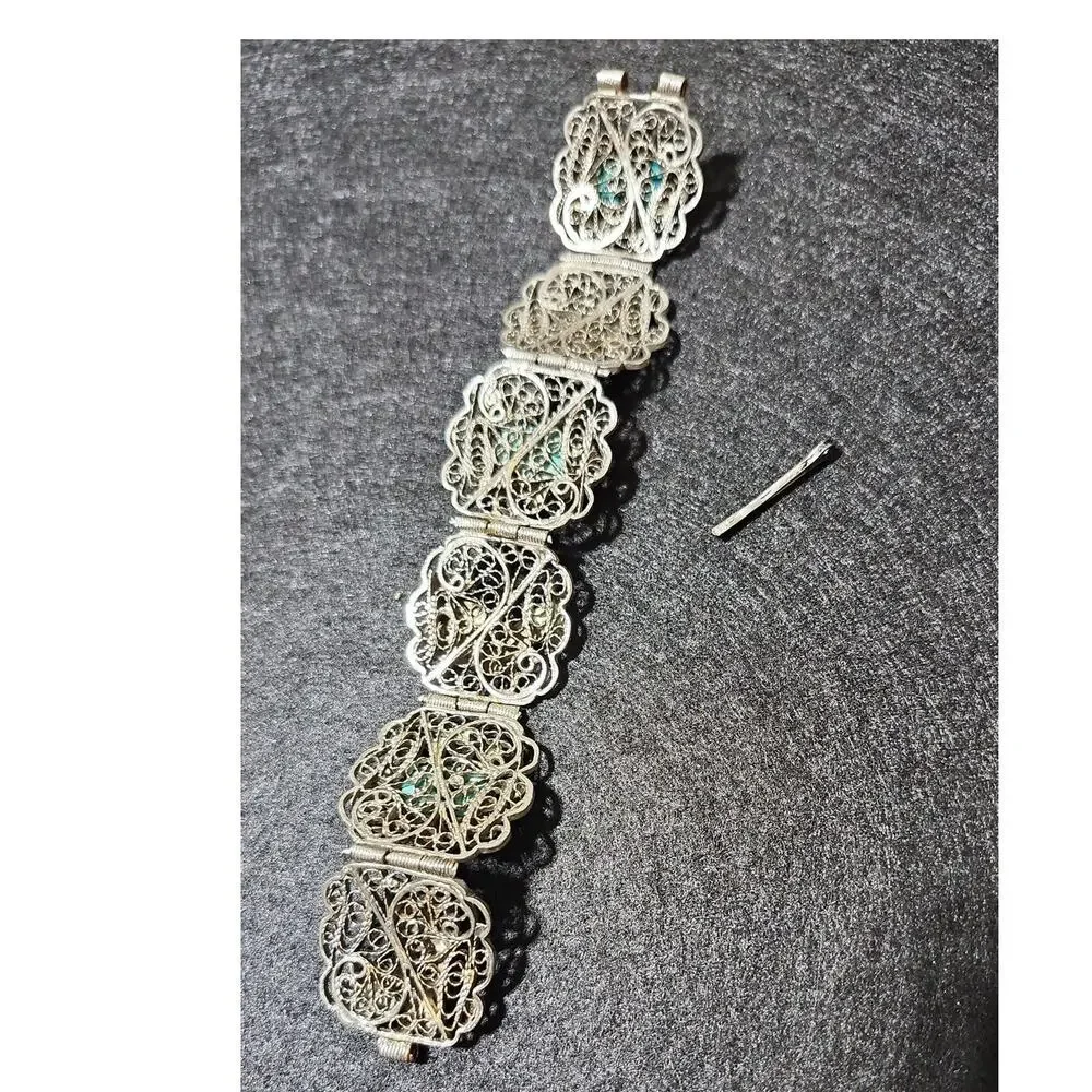 Vintage Egyption 800 Silver Faience Scarab Filagree Panel Bracelet